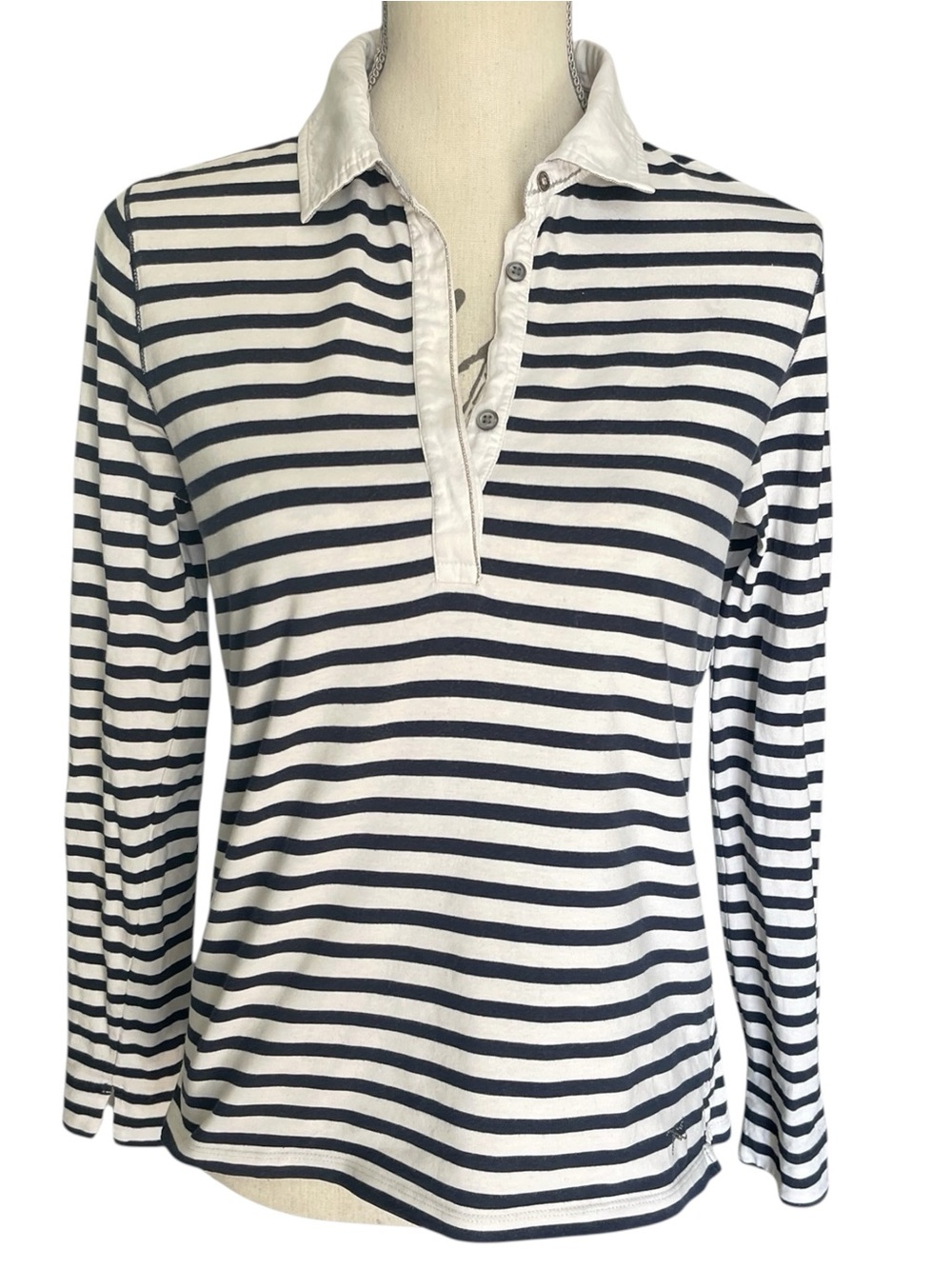 Brax Navy/White Stripe Cecille Cotton Stretch Collared Long Sleeve Polo (M)